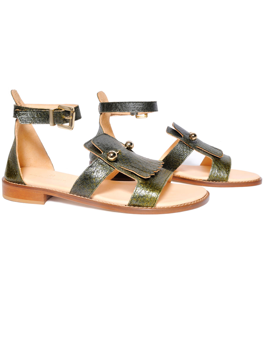 Olive green coloured, sustainable sandal with golden piercings by ALINASCHUERFELD