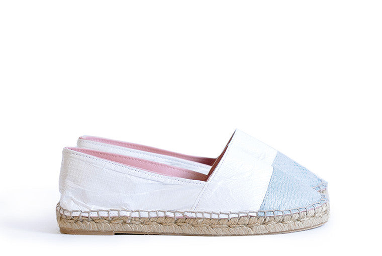 Silver and white colored sustainable Espadrilles by ALINASCHUERFELD