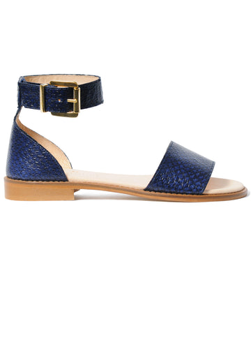 Dark blue coloured sustainable sandal with golden buckles by ALINASCHUERFELD
