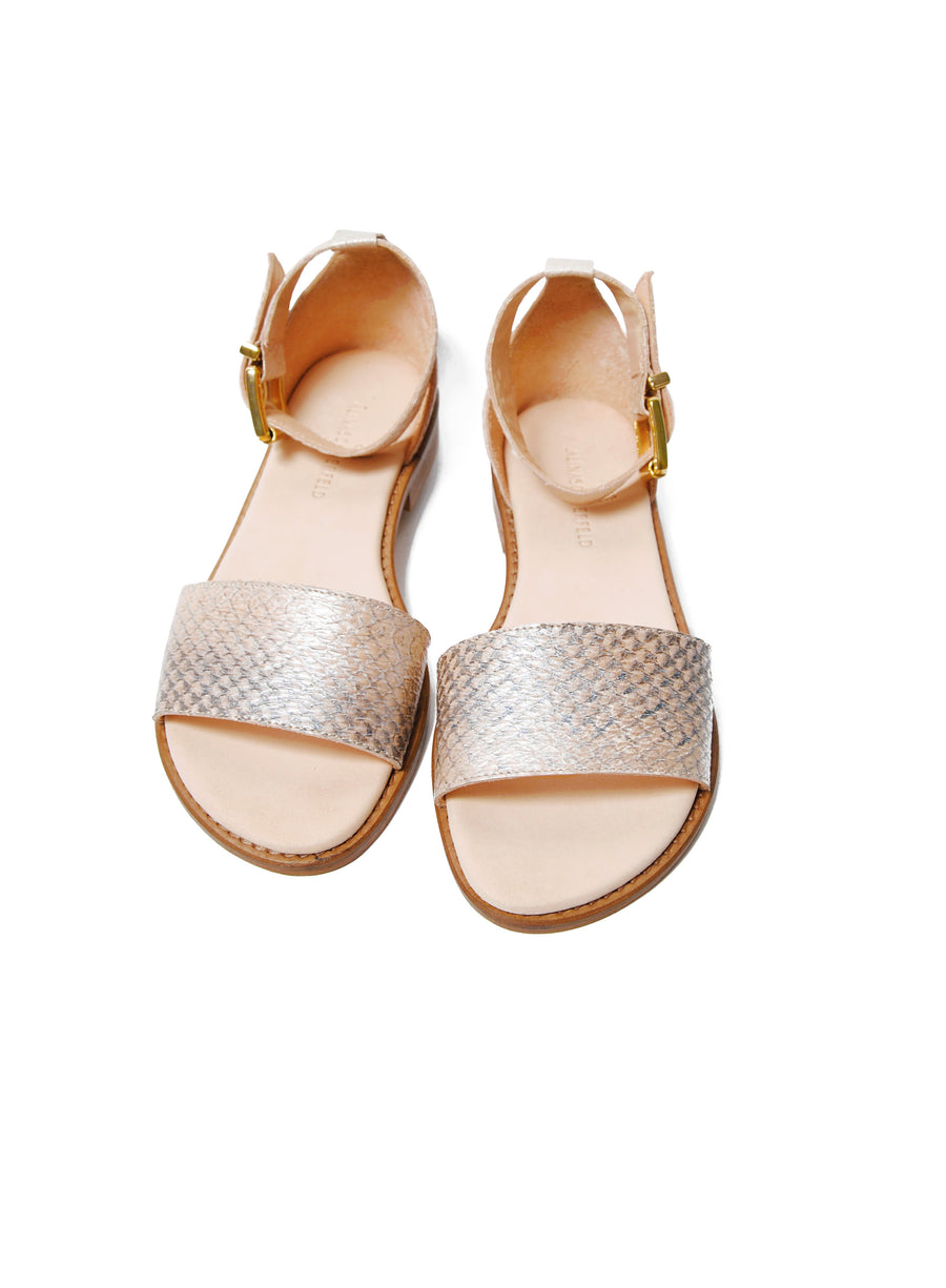 Nude Metallic coloured sustainable sandal with golden buckles by ALINASCHUERFELD