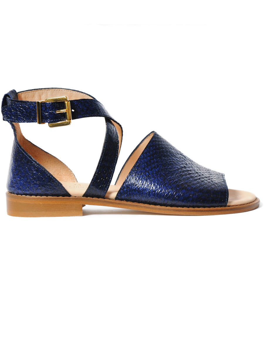 Blue coloured sustainable sandal with golden buckles by ALINASCHUERFELD