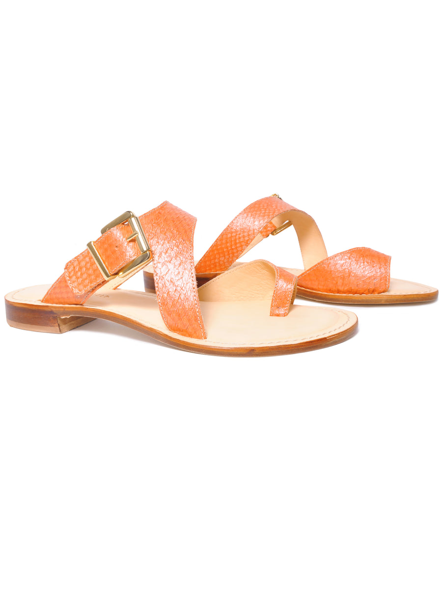 Orange coloured, sustainable sandal with golden buckles