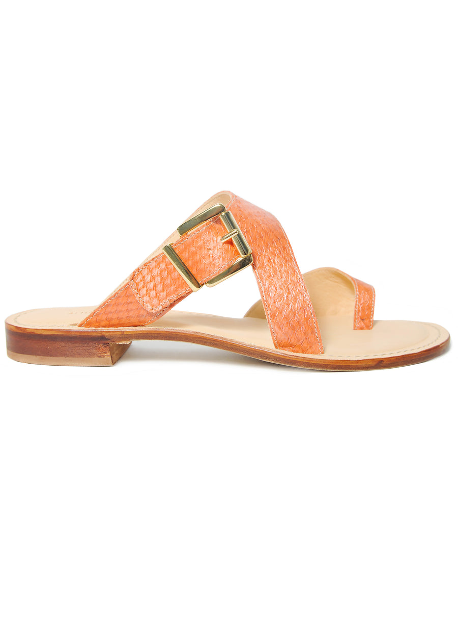 Orange coloured, sustainable sandal with golden buckles by ALINASCHUERFELD