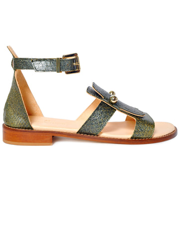 Olive green coloured, sustainable sandal with golden piercings by ALINASCHUERFELD