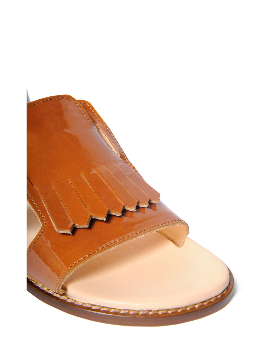 Brown coloured, sustainable patent leather sandal by ALINASCHUERFELD