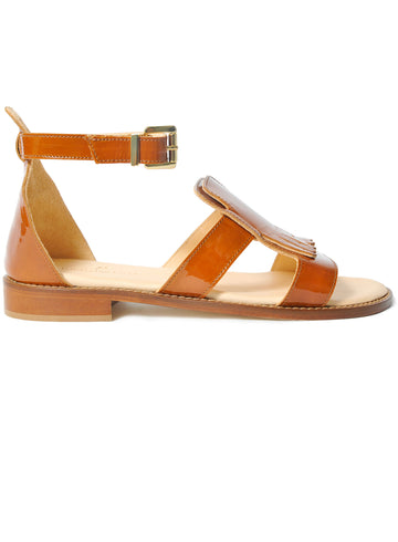 Brown coloured, sustainable patent leather sandal by ALINASCHUERFELD