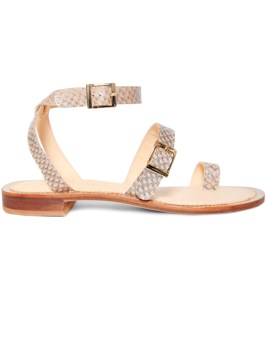 Nude Metallic coloured, sustainable sandal with golden buckles by ALINASCHUERFELD