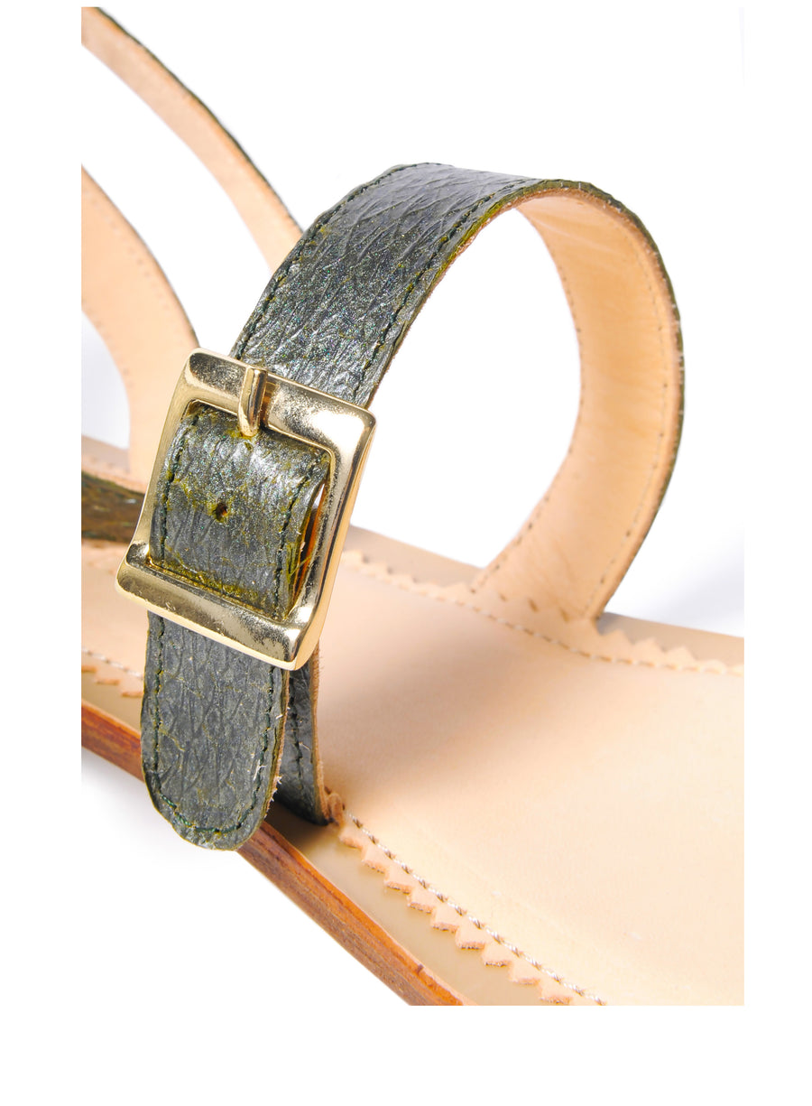 Olive green Metallic coloured, sustainable sandal with golden buckles by ALINASCHUERFELD