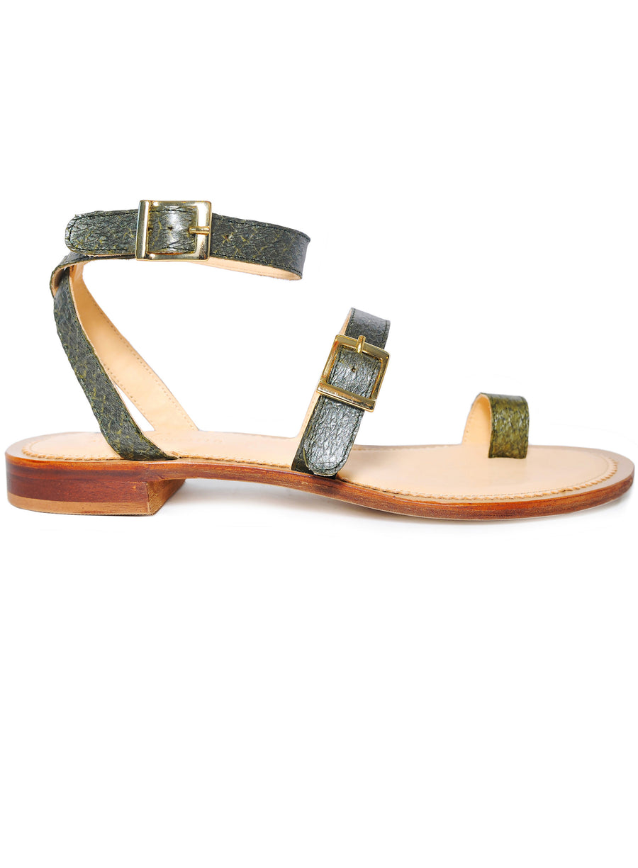 Olive green Metallic coloured, sustainable sandal with golden buckles by ALINASCHUERFELD