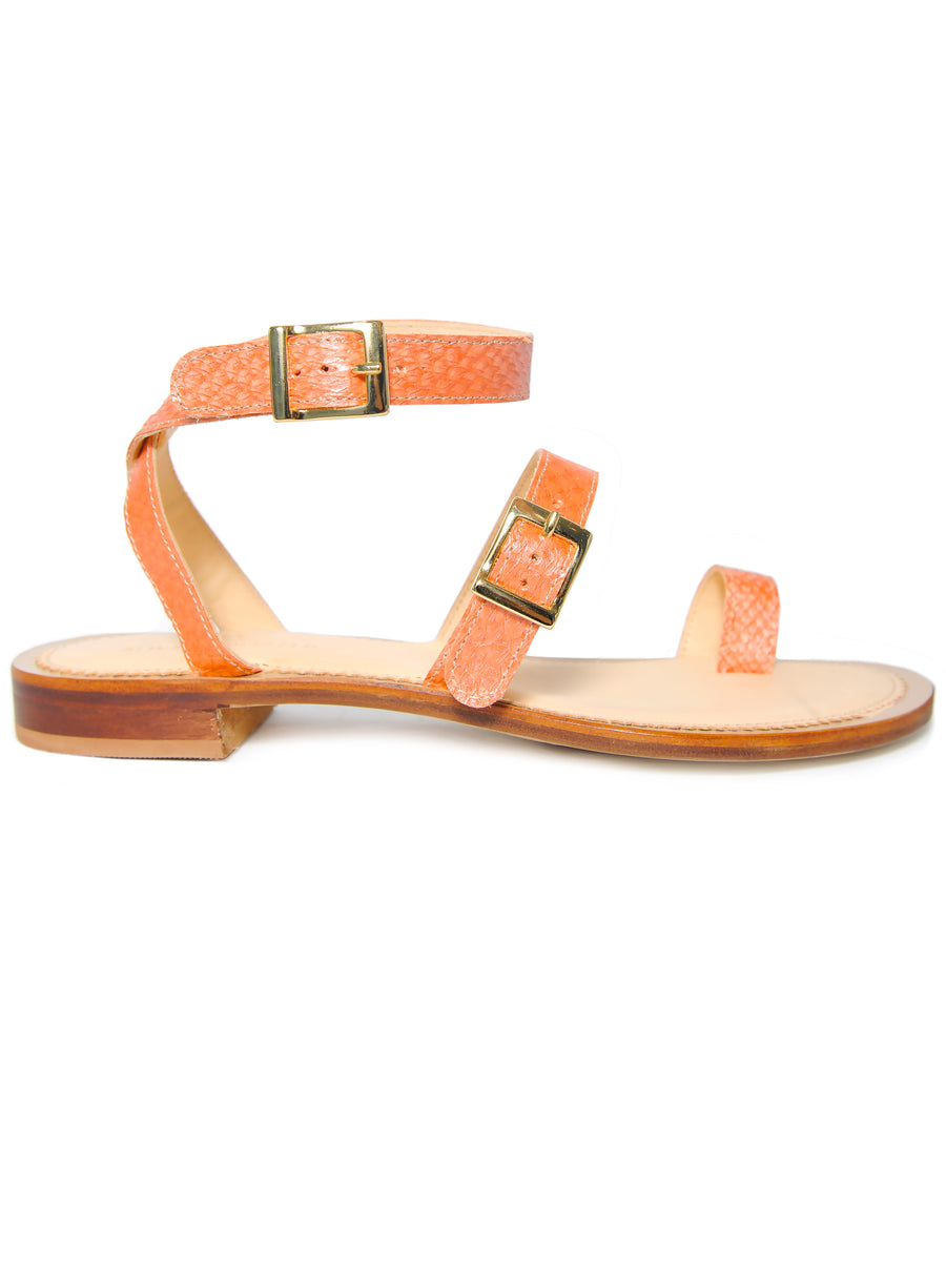 Orange Metallic coloured, sustainable sandal with golden buckles by ALINASCHUERFELD